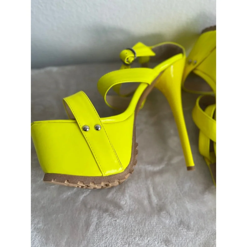 Neon Yellow Patent Platform Sandals Triple Strap Stiletto Lug Sole Heels Size 41